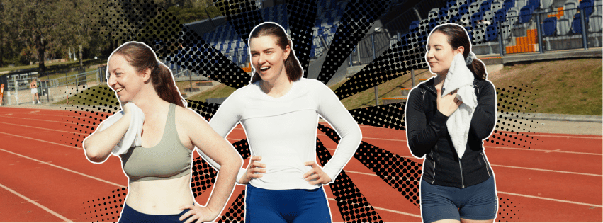Three female athletes catching their breath and smiling together on an athletics track after a training session