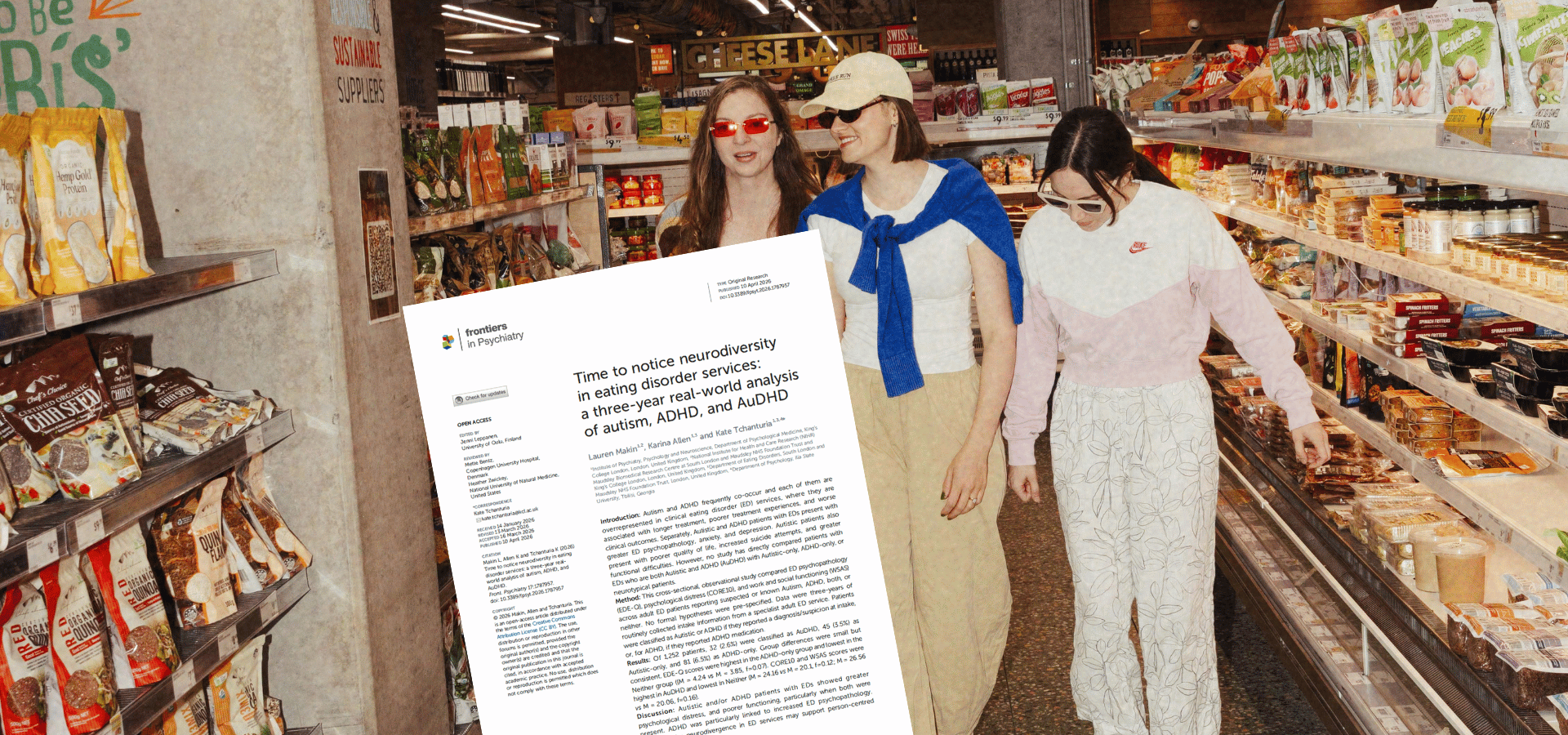 Three women walk through a grocery store aisle, with a collage overlay of the Frontiers in Psychiatry study 'Time to notice neurodiversity in eating disorder services: a three-year real-world analysis of autism, ADHD, and AuDHD.