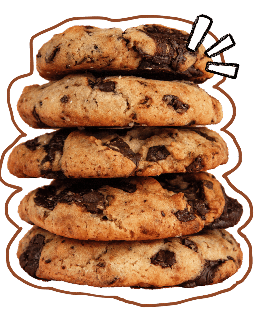 Stack of five chocolate chip cookies with melted chocolate chunks and sea salt on a white background
